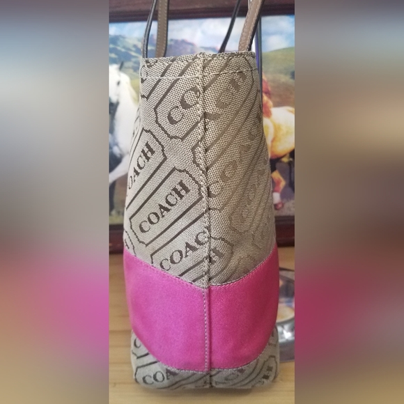 Coach Lozenge Brown Canvas Leather Trim Pink Stripe Zipper Closure Tote Bag - Picture 9 of 13